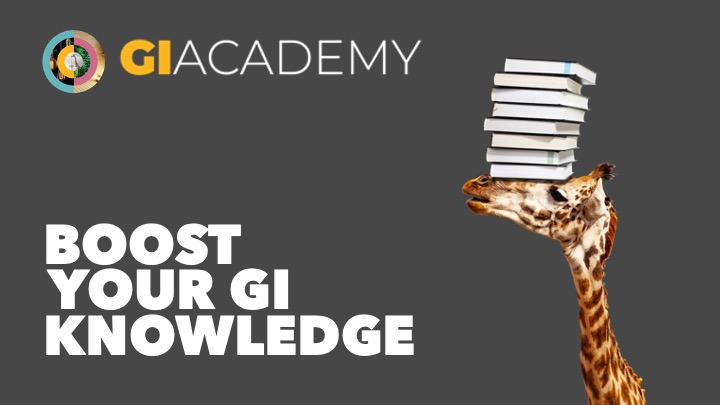 A giraffe with books on its head and the GI Academy logo